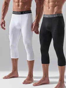 2pcs Men's Seven-Quarter High Elastic Compression Pants, Moisture-Wicking Sport Running Underwear, Knee-Length Fitness Basketball Training Shorts, Athleisure Bottoms