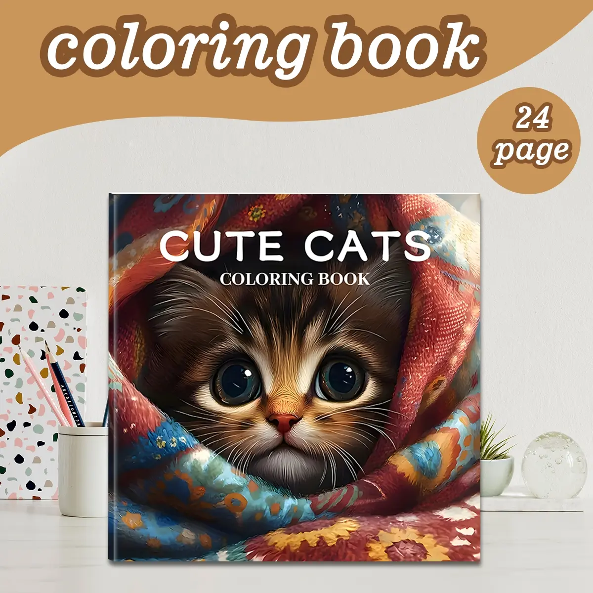Cute Cat Theme Coloring Book, 24 Bold Artist Hand Drawn Stress-Relief Designs, 7.9in X 7.9in Perfect Size, Thick Paper, Ideal Gift for Adults Kids Teens