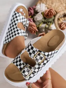 Trendy Cork Sole Sandals, Plaid Dual Strap Design, Versatile Outdoor Wear, Daily Fashion Shoes, Stylish and Comfortable