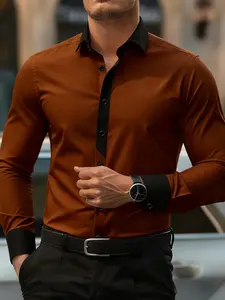 Men's Patchwork Shirt, Unique Design, Creative Style, Casual Stylish Menswear, Casual Fitted Plain Pattern, All Seasons Wear, No Ca Prop 65 Warning