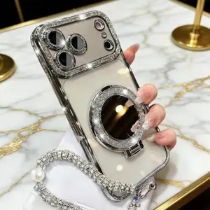 Sparkling Diamond Women's Phone Case with Mirror & Stand for iPhone 12/13/14/15/16/17 Pro Max,17air,14/15/16 Plus, Women's Phone Case with Mirror & Stand for iPhone 17 Promax (17 Pro Max,Silver)