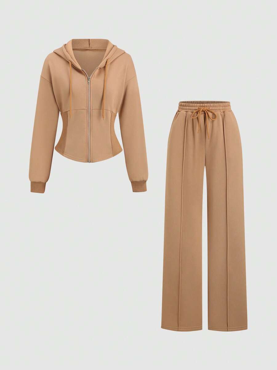 MISTY CHIC Corset-Style Hooded Sweatshirt And Wide Leg Sweatpants Set, Full-Zip Drawstring Design With Elastic Waist, Casual Streetwear Vibe, Ideal For Loungewear, Errands, Mix-And-Match Outfits And Trendy Everyday Streetwear