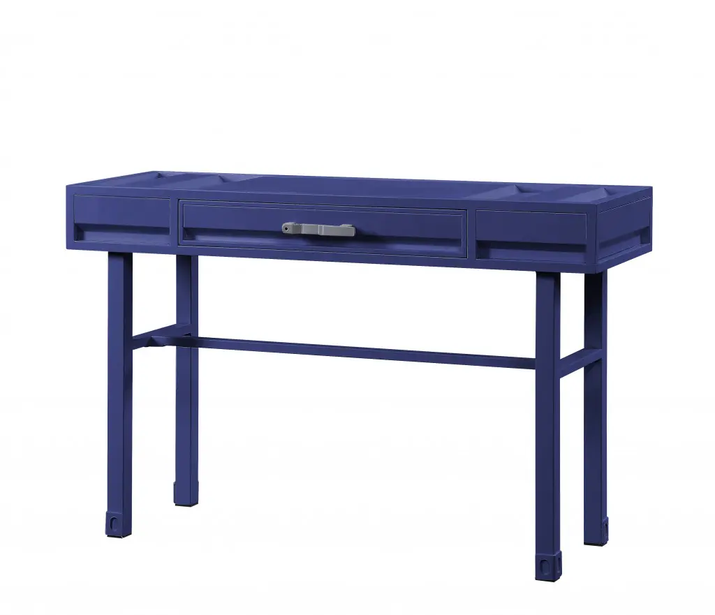 HomeRoots 491381 47-in Width Blue Metallic Iron-Wood Tabletop Vanity Desk - Indoor Makeup Vanity with Single Drawer, Industrial Look, 30-in Height, Storage, Assembly Required Full Assembly, Office & Beauty Organization Use