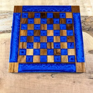 Black Walnut Deep Blue Chess Board Handmade with Pieces 16x16in Epoxy Resin Tabletop Game for Tournament Players