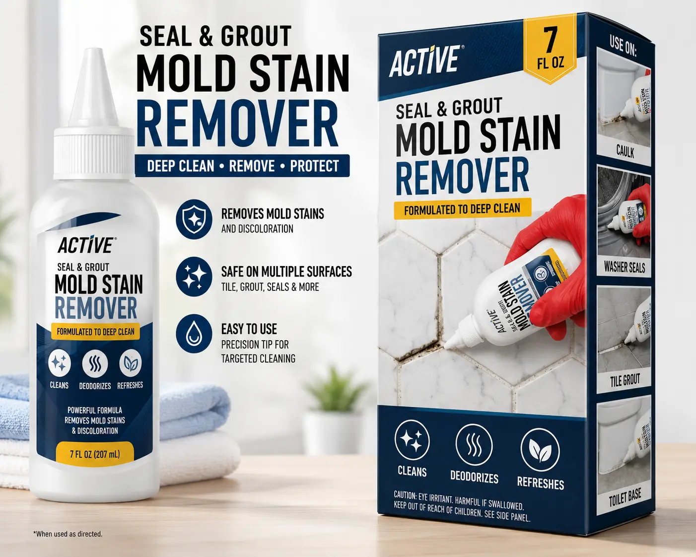 ACTIVE Mold Stain Remover Gel Cleaner Heavy Duty Stain Cleaner for Front Loader Washing Machine Seal, Bathroom Grout, Shower, Caulk - Front Load Washer Cleaning Solution - 7 Fl Oz