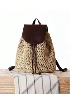 Women's Imitation Straw Backpack with Flap and Drawstring Closure, Stylish Casual Backpack for Vacation and Daily Use