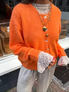 Women's Bright Orange Cardigan, Casual Winter Spring Button Down Sweater, Soft Fuzzy Round Neck Knit Top for Vacation