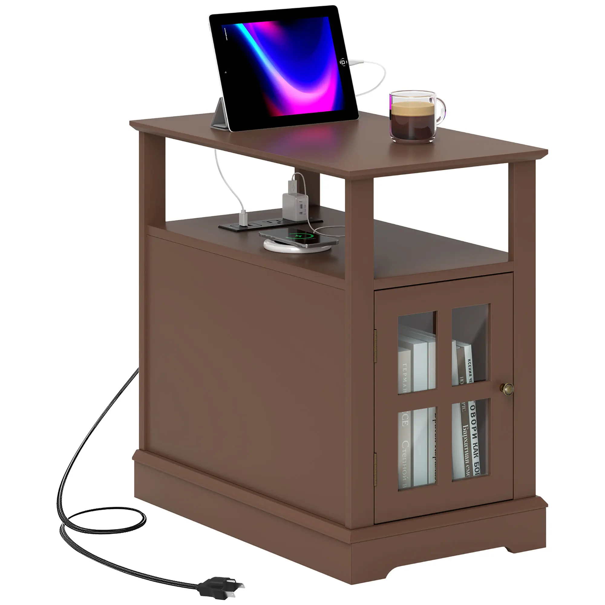 Multi-Purpose Sleek Bedside Table, 14-Inch Wide End Table with USB Ports, AC Outlets, Glass Cabinet Door & Magnetic Closure for Dust-Free Storage, Multi-Purpose Bedside Tables, Sleek Bedside Tables