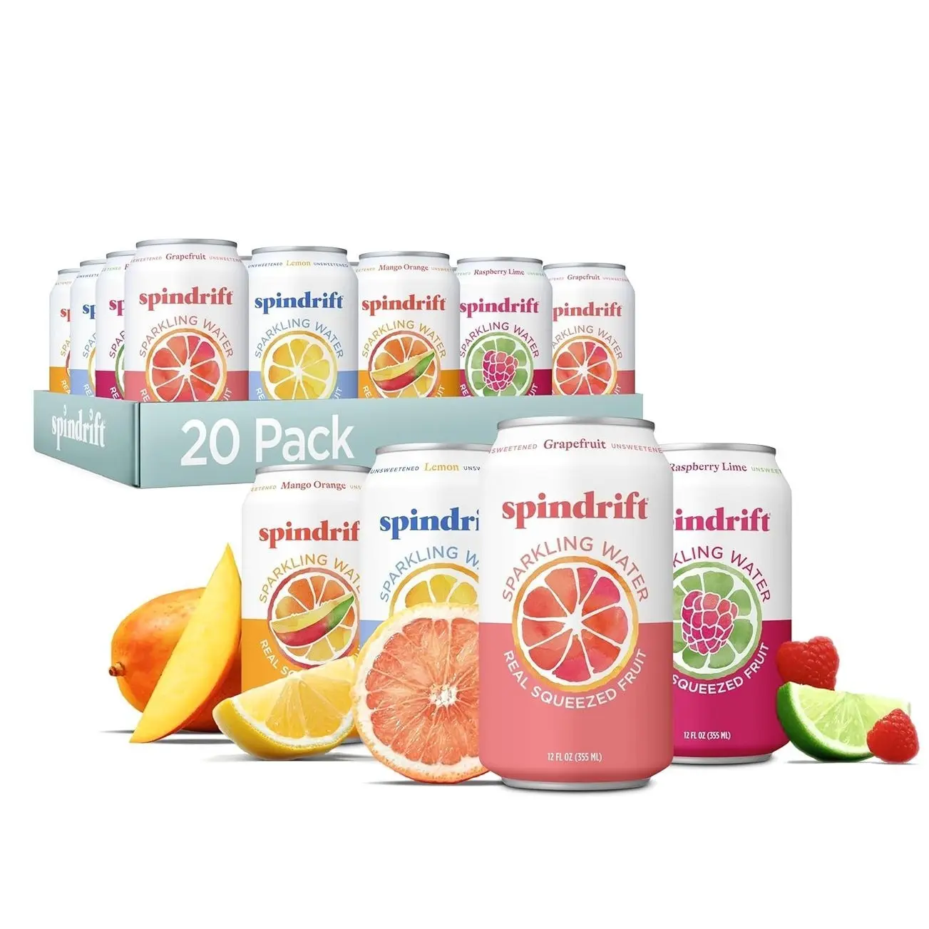 Spindrift Sparkling Water, 4 Flavor Variety Pack, Made with Real Squeezed Fruit, 12 Fl Oz (Pack of 20)
