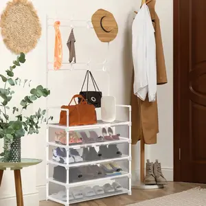 5-Tier Hall Tree Coat Rack with Shoe Storageand Hooks-Dustproof Freestanding EntrywayOrganizer for Coats, Shoes, Hats, and Bagslron Frame, ldeal for Bedroom or Front Door