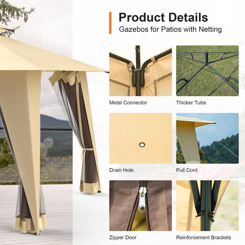 Gazebo, 11.5x11.5 Patio Gazebo Waterproof Canopy Tent UV-Resistant 2-Tier Top Sturdy Outdoor Canopy Tent for Camping with Mosquito Netting for Garden Patio Backyard