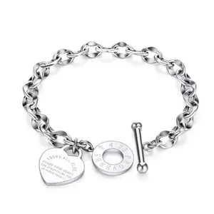 bracelet 1pc Women's Stainless Steel Classic Heart Engraved Toggle Clasp Titanium Steel Chain Bracelet