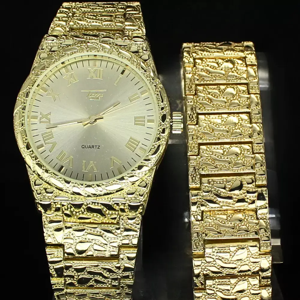 MaxBling81 Men's Gold Plated Stylish Watch - Gold Quartz, Hip-Hop Glam Round Dial Analog Display, Golden Metal Bracelet, Fashion Gift Accessory, Gold Plated Watch