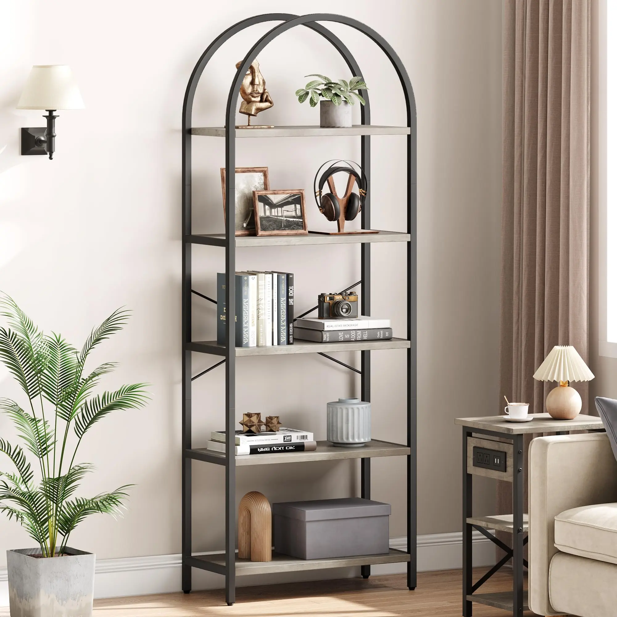 Garvee 5 Tier Arched Bookshelf, 70.87" Tall Industrial Bookshelf Bookcase Shelf for CDs/Books,  Home Office Open Bookcase Shelf Storage Organizer, Modern Book Shelf for Bedroom/Living Room, Grey