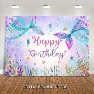 2D Flat Banner Mermaid Birthday Backdrop Under The Sea Birthday Party Decoration for Female Blue Purple Mermaid Tails Photography Background