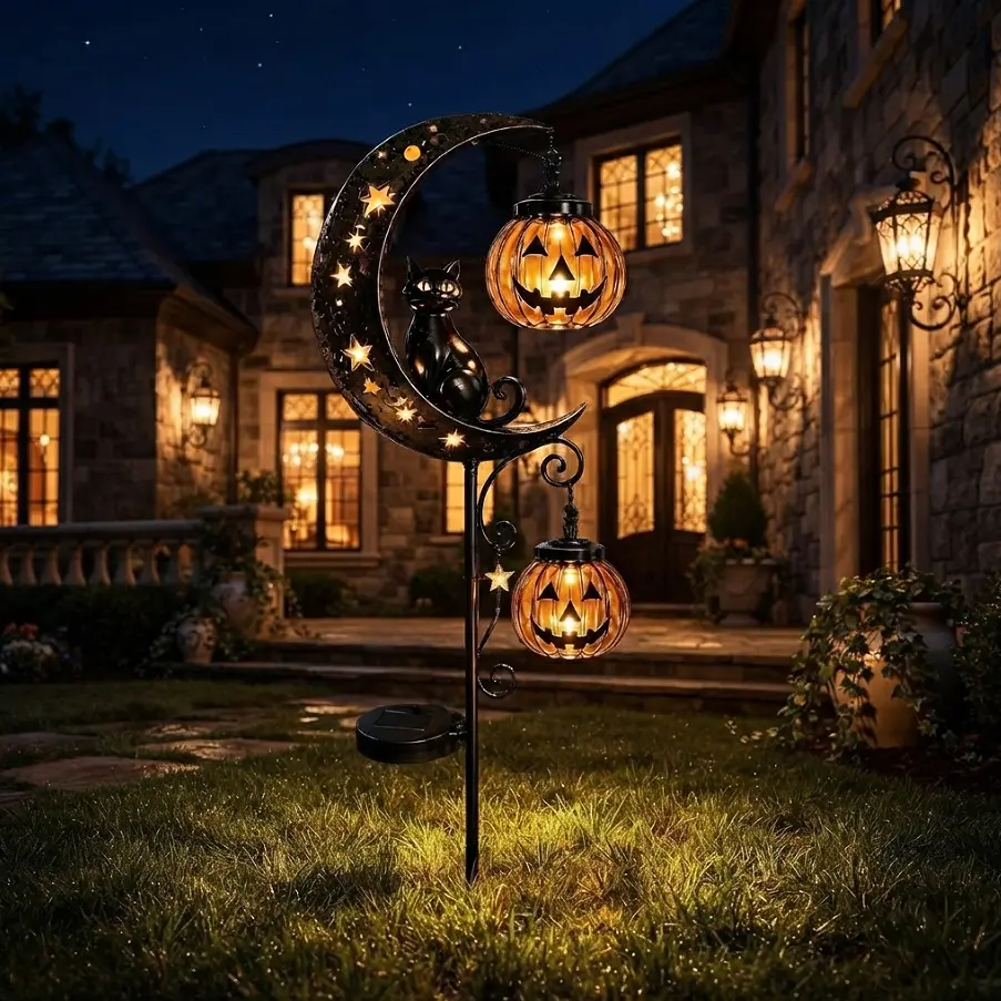Solar Halloween Moon and Cat Garden Stake Light, Metal Crescent Moon with Hanging Jack-o'-Lantern Pumpkin, Waterproof Outdoor LED Pathway Decor for Yard Lawn Patio, Spooky Cute Animal Figurine Ornament Gift for Festival Fans