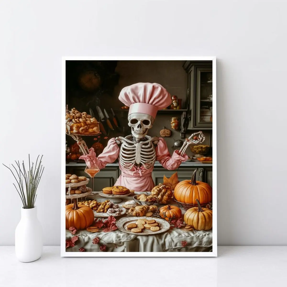 Baking Skeleton Chef in Pink Poster, Trendy Pink Halloween Print, Funny Halloween Wall Art, Halloween Wall Art, Unframed