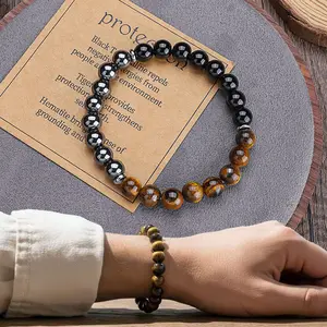 Classic Triple Protection Handmade Tiger Eye Stone Beads Bracelet Vintage Elastic Unisex Style Tiger Eye Stone Iron Gallstone Bangle Festivals, Birthdays, and Special Occasions Party Jewelry Valentine's Day Gift