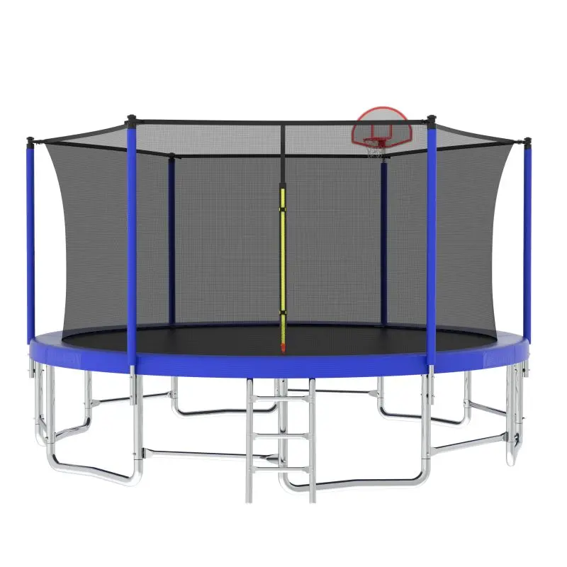 Mersco 16ft Upright-Poled Outdoor Trampoline with Enclosure, Basketball Hoop, Ladder, 1320Lbs Max Load, Blue Exercise Equipment for Kids, Backyard Birthday Gift, Backyard Fun, Enclosed, Jumping Sport, Trampoline Workout, Once For All Installation, Large S