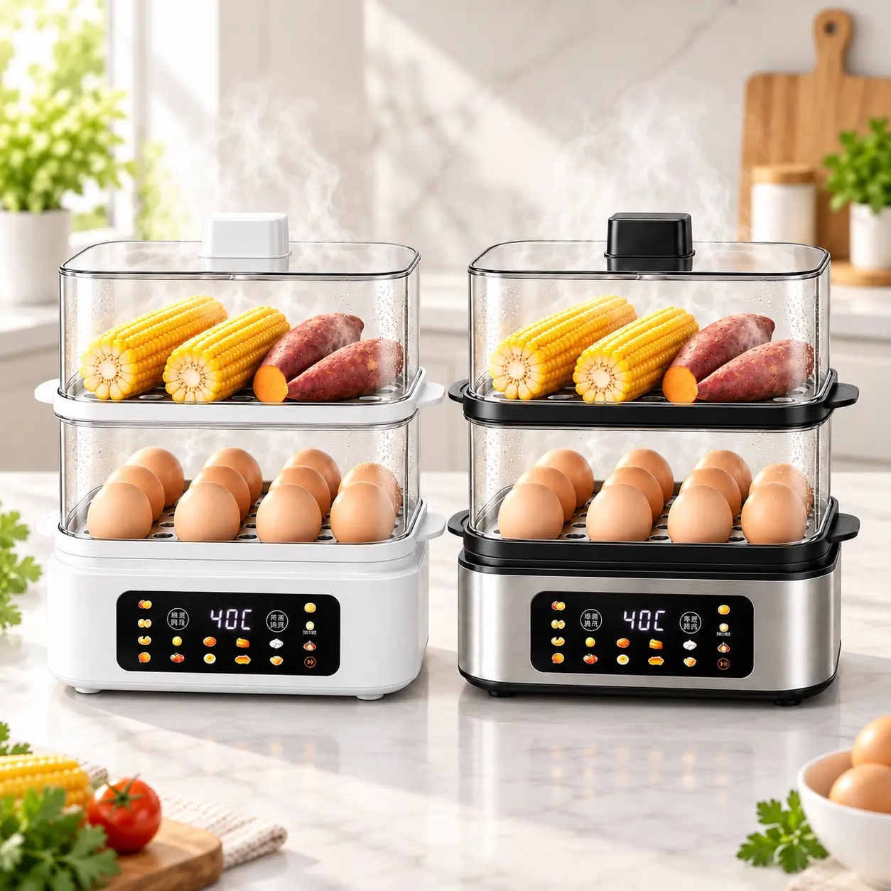 ANRA 2-Tier Electric Food Steamer - 4 QT Digital Kitchen & Household Appliances with BPA-Free Stackable Baskets, Multi-Cook Mode, Auto Shut-Off for Steam Rice, Veggies, Eggs, and Fish