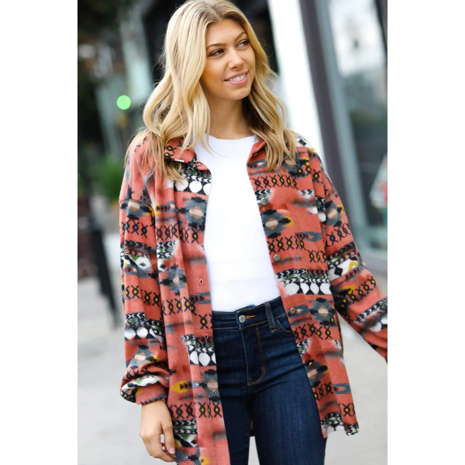 Trendy Rust Aztec Print Button Down Brushed Shacket