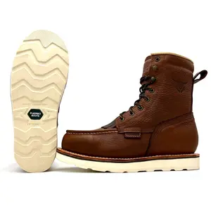 Fuerbo Premium Handcrafted Lacer Moc Toe Leather Work Boots Wedge ANTI-NAILS Protection  Oil & Slip Resistant Anti-Fatigue Insole GoodYear Welt Brown Mid-Calf Lace Up L-58