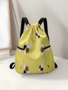 Bee Pattern Drawstring Backpack, Large Capacity Durable Fitness Bag, Adjustable Shoulder Straps, Sports Beach Bag for Men & Women