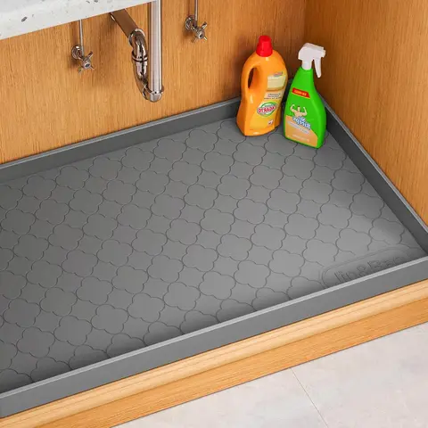 Thick Silicone Under Sink Mat - 1-Piece Seamless Mold Waterproof Home Goods Protector, Raised Edge, Anti-Slip, Wipes Clean Fast, Kitchen/Bath Bathroom Multipurpose Tray, Default (34''x22''), Design 2 (31''x22'')