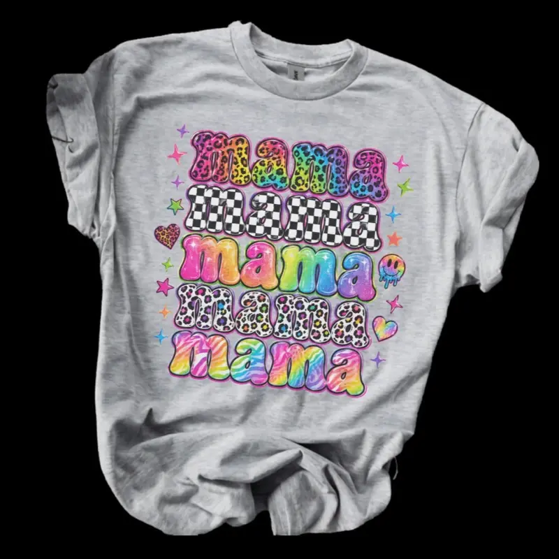 Mama - Lf Mama Stacked Checker, Leopard, Rainbow Tye Dye Bleached Shirt Comfy Unisex Jersey Top Casual Vintage Style Short Sleeve Crew Neck Medium Length