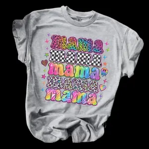 Mama - Lf Mama Stacked Checker, Leopard, Rainbow Tye Dye Bleached Shirt Comfy Unisex Jersey Top Casual Vintage Style Short Sleeve Crew Neck Medium Length