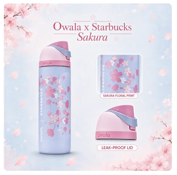 Owala Starbucks Sakura 24oz FreeSip Water Bottle – Cherry Blossom Limited Edition Insulated Stainless Steel Leak Resistant Travel Bottle