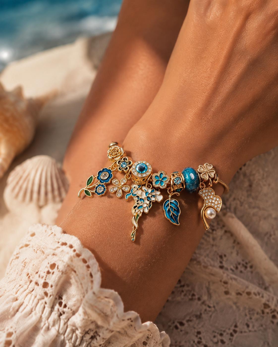 Gold Adjustable Cable Wire Charm Bangle Bracelet, Enamel Blue Flower Leaf Pearl Crystal Beaded Bracelet, Vintage Floral Jewelry Gift for Women