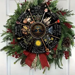 Life Wheel Pagan Calendar Wall Art Sign, Witchcraft Magic Decoration with Moon Phase, Samhain Yule, Artificial Wood, Multifunctional Hanging Decor, Door Hanging