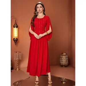 [Red Muslim Casual Dress] 4018 Women's Middle Eastern-Inspired Rhinestone-Embellished 3/4 Sleeve Dress - Handmade Solid Red Muslim Casual Dress with Chest Pleats, Floor-Length for Spring/Summer Weddings & Formal Events, Muslim Dress, Summer Fashion, Nontr
