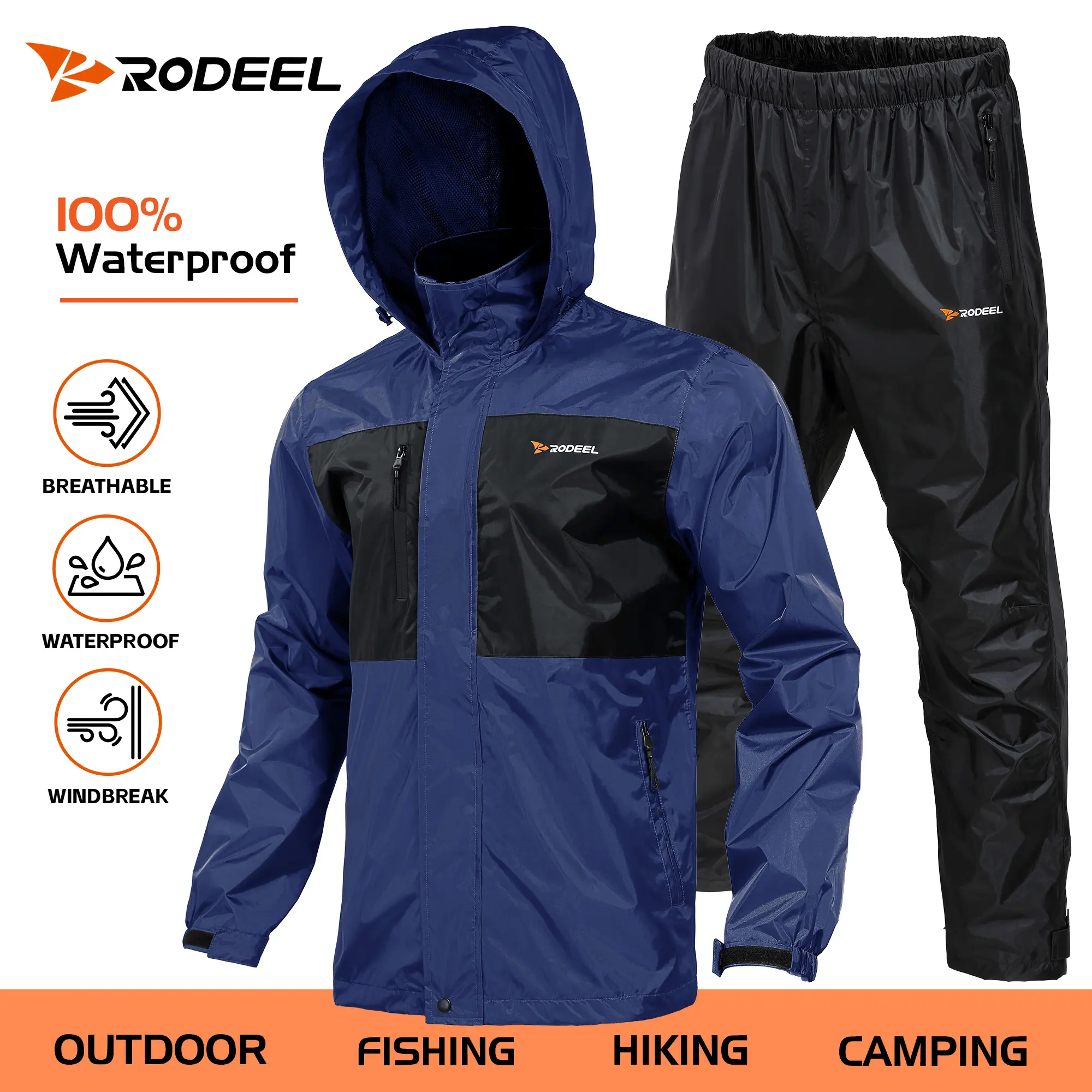 RODEEL 702 Waterproof Rain Suit for Men Jacket & Pants Set, Lightweight Breathable Full-Zip Hooded Raincoat, Durable Weatherproof Windbreaker Workwear for Outdoor Fishing, Boating, Construction, Roofing, Landscaping & Tree Service