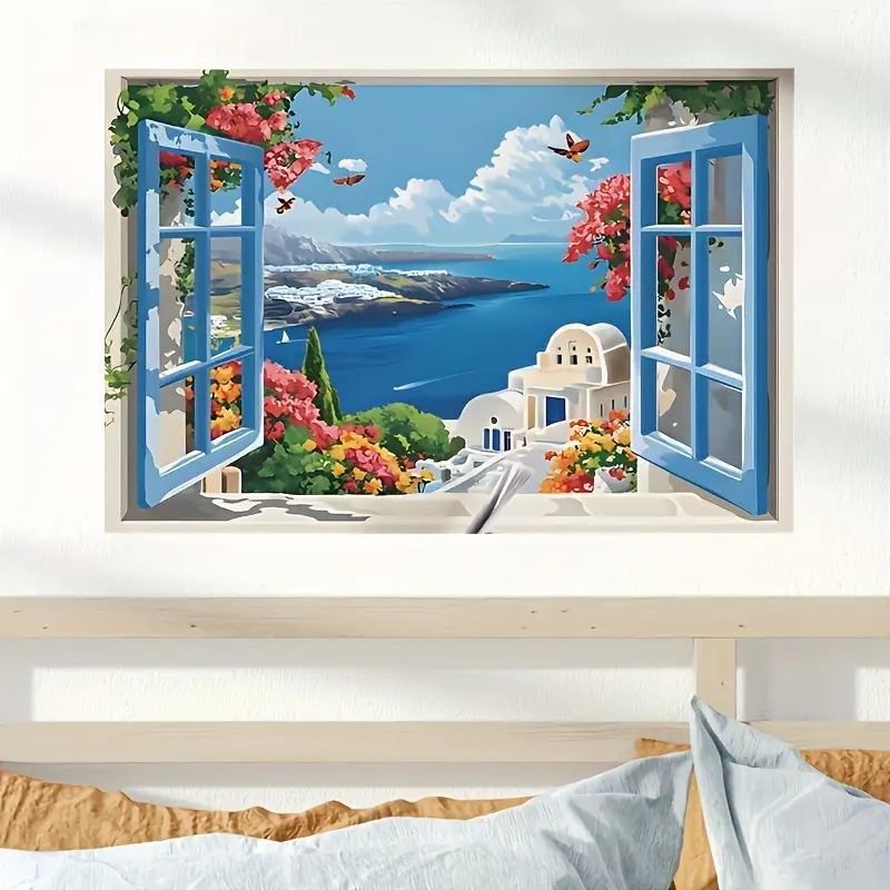 Romantic Sea View Window Wall Stickers Removable Window Decal PVC Beach Theme Home Decor Decorative Wall Sticker
