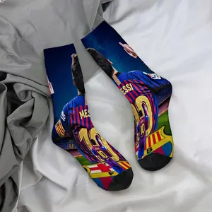 Mid-calf socks, Messi's iconic football star designs, celebrity merchandise, durable socks, unisex socks, a fan favorite, holiday gifts, birthday presents.