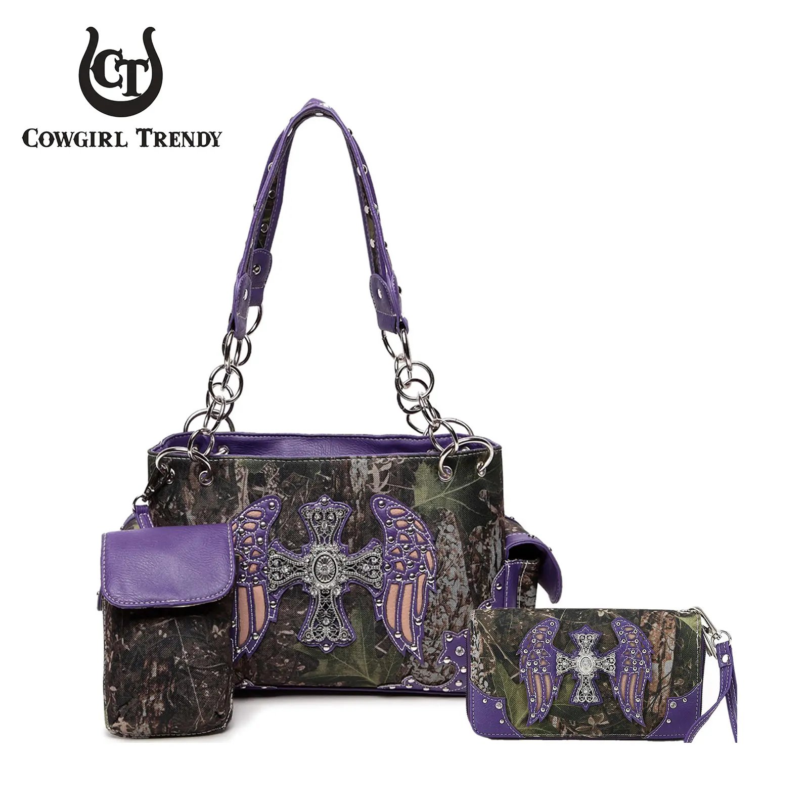 Women's Western Camo Angel Cross Wings 3-Piece Handbag Set, Studded Boho Shoulder Purse & Crossbody Satchel with Matching Zipper Wallet and Mini Pouch, Trendy Cowgirl Fashion