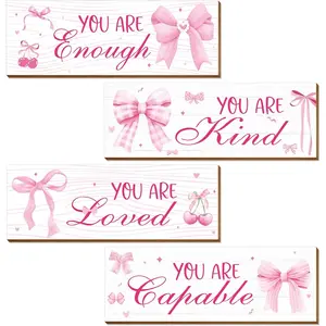 Pink Positive Affirmations Wall Decor 4PCS Bow Wall Art Picture Print Painting Enough Kind Loved Capable Inspirational Wall Decor for Teen Girls Bathroom Bedroom Living Room