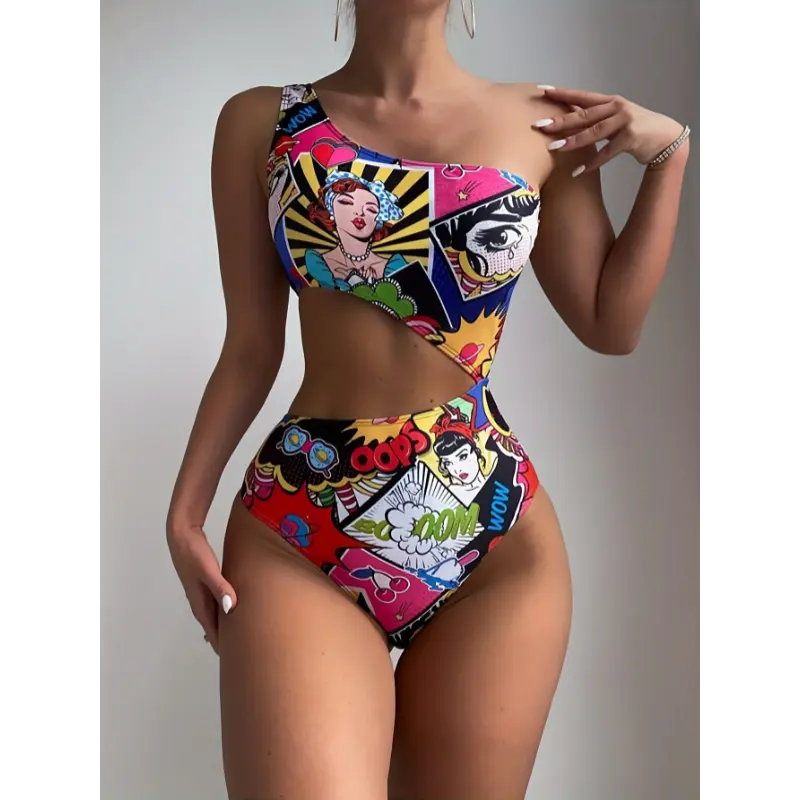Women'S Vibrant One-Shoulder Swimsuit with Colorful Cartoon Characters - High Stretch, Asymmetrical Design, Perfect for Beach and Pool, Pool Swimsuit|Playful Design|One Shoulder Swimsui