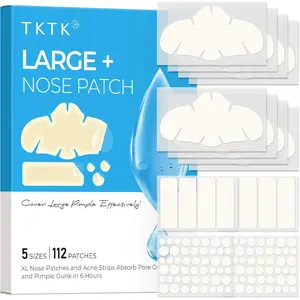 TKTK Hydrocolloid Nose Patches, XL Nose Pore Strips 91 x 48 mm, Large Hydrocolloid Acne Pimple Patches for Face, Cover Zit Blemishes & Absorb Oil (Nose Contoured, Strip, Dots 5 Sizes 112 Count)