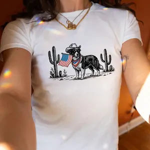 USA Patriotic Cowboy Border Collie Baby Tee American Flag Desert Cactus Western Dog Graphic Shirt Women Fitted Crop Top 4th of July Outfit Cute USA Style Gift
