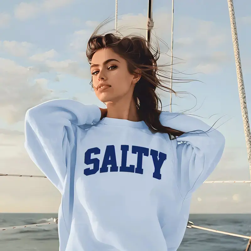 (Sale Off Up To 50%) Salty Sweatshirt & T-shirt, Beach Crewneck, Summer Ocean Graphic Pullover, Vacation Sweatshirt, Perfect for Summer Vacation & Coastal Trips, Comfortable Casual, Full Color, For Men, For Women, Casual, Classic Fashion, Tee Print