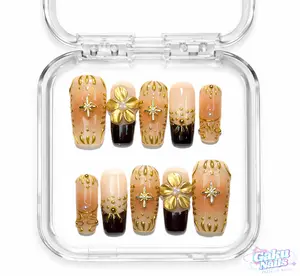 GakuNails GILDED GLOW 10 PCS Medium Square Handmade Press On 3D Gel Builder Gel Floral French Tip Blush Effect Sacred Elegant Quality Reusable Eco-Friendly Nails