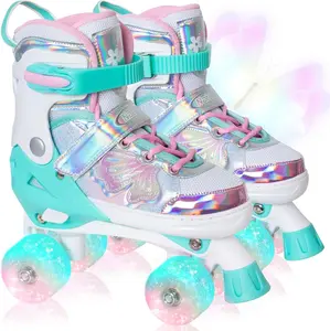 Nattork Kids Quad Roller Skates for Girls Boys, 4 Sizes Adjustable Butterfly & Flower Skates with Full Light Up Wheels, Safe Beginner Kids Skates, Ideal Birthday Holiday Gift for Indoor Outdoor Sports Ages 3‑12
