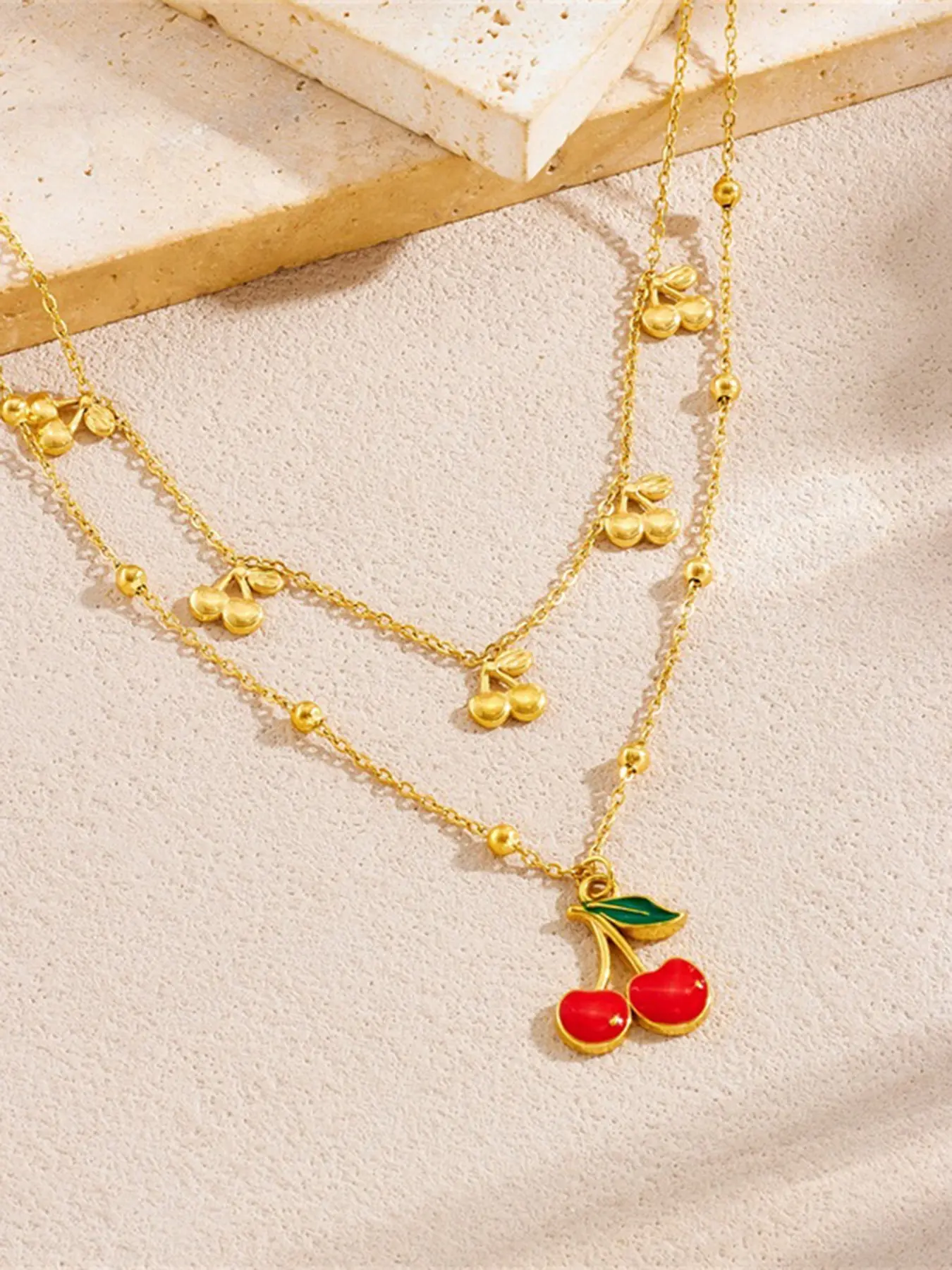 1Pcs Stylish Gold Color Cherry Pendant Necklace For Women Trendy Stainless Steel Waterproof Layered Chains Collar Jewelry Holiday Gifts