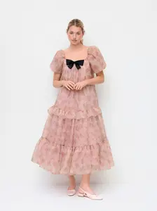 Floral Square Neck Puff Sleeve Bowknot Ruffled Tiered Babydoll Maxi Dress