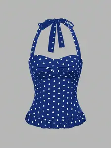 ARTYOTI Women's Romantic Vacation Style Polka Dot & Plaid Backless Halter Neck Camisole Set