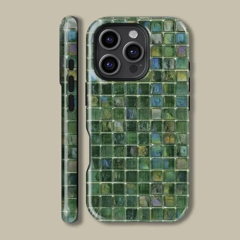 Green Toned Glass Mosaic Tiles Printed Tough Cases Drop-resistant Scratch-resistant Two-In-One Drop-Resistant Phone Case, Unique And Personalized For IPhone 17, 16, 15, 14, 13, 12, Pro Max, Pro Plus, and Samsung S25, 24, 23, 22