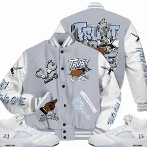 Retro White Metallic 5s Outfits Varsity Jacket, Trust No One T-Shirts To Match Sneaker Streetwear